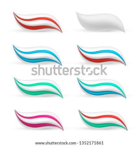 Toothpaste smear in three colours, medical care set. Substance used on a brush for cleaning teeth, dentist symbol. Vector illustration