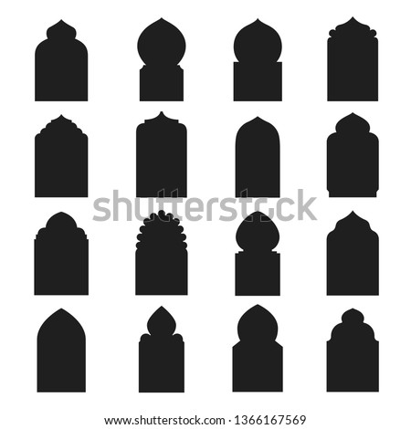 Arabic arch window and doors black set. Traditional design and culture. Vector flat style cartoon illustration isolated on white background 商業照片 © 