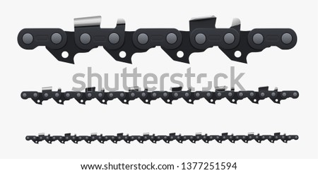 Chain for saw, mechanical pattern, bin set. Hand tool for cutting wood. Vector realistic сhain illustration isolated on white background.