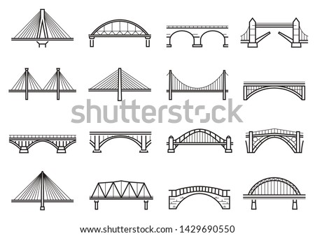 Bridges line icon set, city architecture construction. Structure built over a railway, river, road. Vector line art bridges illustration isolated on white background