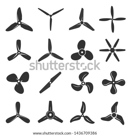 Propeller screw icon set, engine or motor image. Type of fan, to produce thrust by accelerating a flow of water. Vector propeller illustration on white background