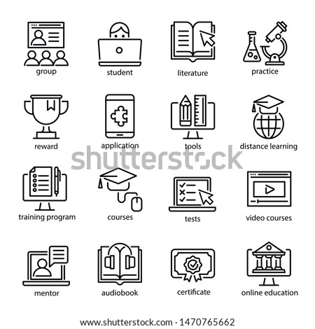 Online education icon set, internet studying course. Computer, laptop learning for business and knowledge. Vector line art e-learning illustration isolated on white background