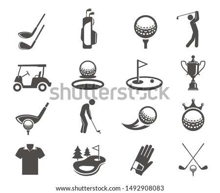 Golf sport game vector glyph icons set. Clubhead and balls silhouette symbols. Golf championship, professional clothes for playing isolated clipart collection. Entertainment activity design elements