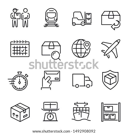 Express delivery service vector linear icons set. Global logistics and distribution thin line illustrations pack. Auto shipping. Air, ship and train freight transportation isolated clipart collection