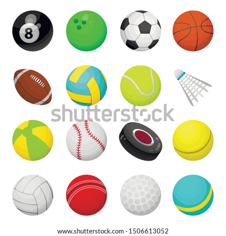 Balls for playing games vector illustrations set. Round sports equipment icons isolated on white background. Oval shaped leather rugby inventory. Tennis, ice hockey, bowling, tennis, golf symbols pack