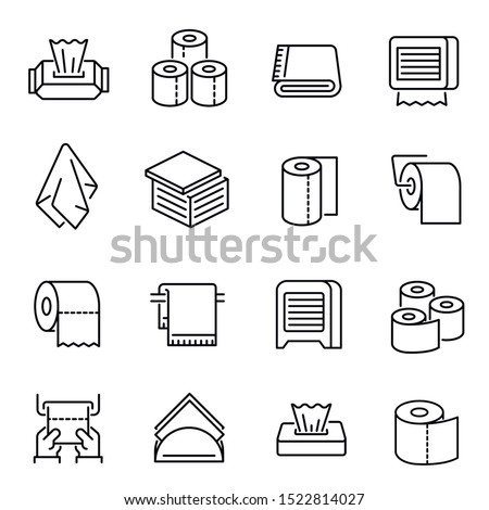 Napkins and toilet paper vector linear icons set. Bathroom accessories thin line illustrations pack. Toilet hygiene goods. Disposable napkin, towel, lavatory paper roll isolated clipart collection