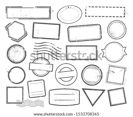 Empty postal stamps linear vector icons set. Grunge imprints outline symbols with copyspace. Blank vintage seals contour drawings collection. Mail, documents and correspondence insignia