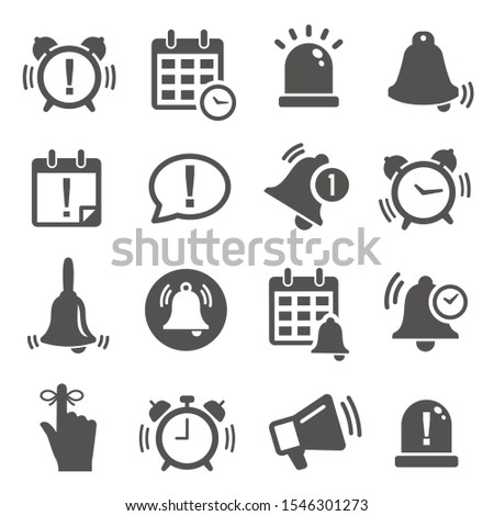 Reminder, notification black and white glyph icons set. Time management, message notice monochrome symbols for mobile UI design. Alarm clocks, calendars and bells silhouette illustrations pack