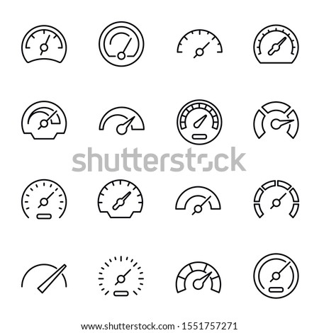 Speedometers with arrows linear vector icons set. Velocity measurement devices outline symbols bundle isolated on white. Motion speed indicators contour drawings collection. Auto equipment