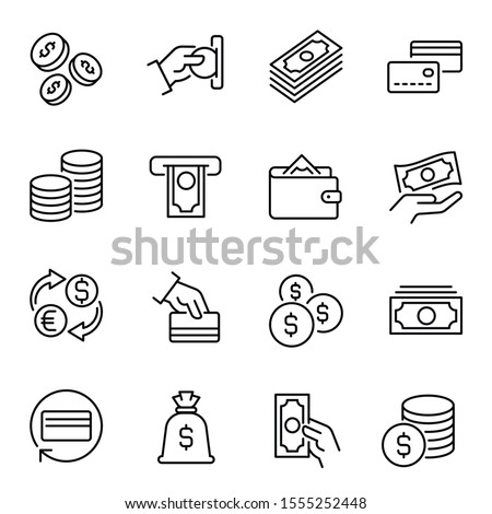 Money, funds and finances linear vector icons set. Currency, cash outline symbols bundle isolated on white. Economic operations contour drawings collection. Financial management concept