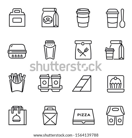 Take away food and drinks linear icons set. Takeaway service, fast food retail symbols pack. Unhealthy nutrition. Lunch bags, coffee cups and breakfast containers thin line illustrations