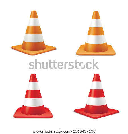 Red and orange road cones realistic illustrations set. Traffic safety symbols isolated on white background. 3d striped pylons, street obstacle equipment. Roadworks danger barrier alert