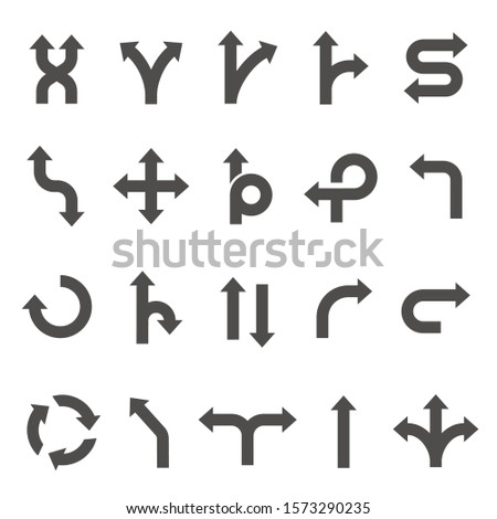 Directional black arrows isolated vector illustrations set. Direction pointers collection. Orientation design elements pack. Round, double, curve simple arrows on white background bundle