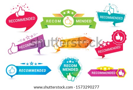 Recommend badges creative vector templates set. Recommendations colorful tags design with thumbs up isolated on white background. Best products, approved quality, warranty paper ribbons collection 商業照片 © 