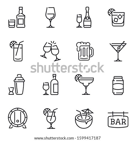Alcohol drinks thin line vector icons set. Beer mugs, wine and exotic cocktail glasses linear illustration collection. Contour wooden barrel and shaker. Minimalist bar signboard pictogram