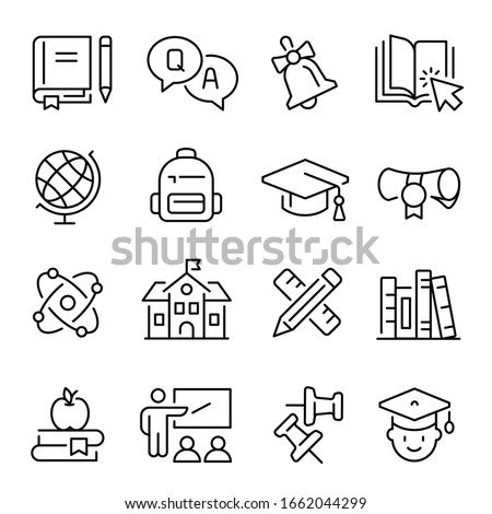 School, college or university education line icons set - books or textbooks, diploma, graduation cap, classroom, teacher and students or pupils, bell, globe, atom. Monochrome vector illustration.