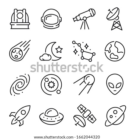 Space and astronomy line icons set - spacecraft, satellite, celestial bodies, solar system, galaxy, constellation, UFO or flying saucer, alien, observatory, telescope. Monochrome vector illustration.