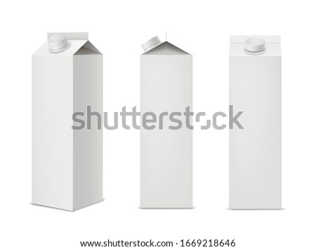 Set of milk or juice packages made of clean carton paper isolated on white background. Mockup of aseptic food packaging for dairy products or beverages. Realistic vector illustration for branding.