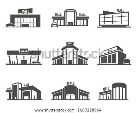 Shopping mall or center icon or symbol set. Collection of facades of modern stores. Bundle of black silhouettes of supermarket buildings. Flat monochrome vector illustration for logo, sign or emblem. ストックフォト © 