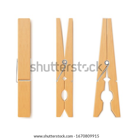 Clothes pin set, housework and laundry clothespins. Wooden clips for clothes to a line. Vector flat style cartoon illustration isolated on white background