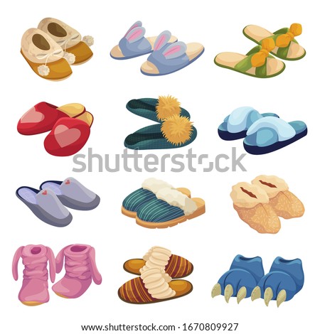 House slippers set, soft comfortable slip on shoe for home. Warm and fluffy collection. Vector slippers cartoon illustration isolated on white background