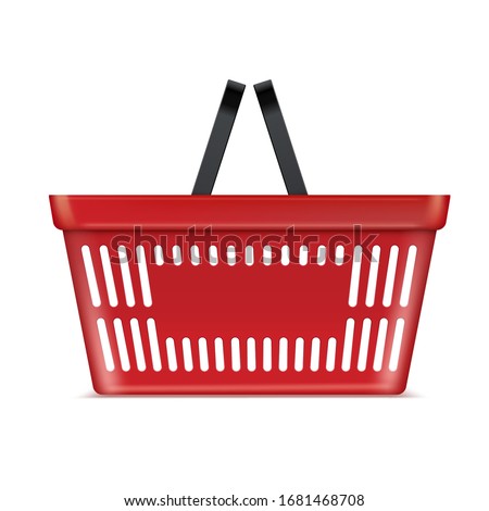 Plastic red basket supermarket and store container. Hypermarket product carry object. Vector grocery basket realistic illustration isolated on white background