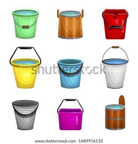 Bucket bright set, open container with a handle. Washing appliance for housework. Vector bucket cartoon illustration isolated on white background