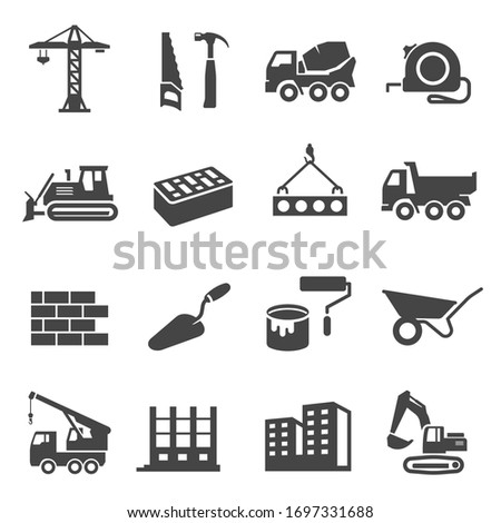 Construction icons set, industrial business and professional tools. Engineering or building technology. Vector construction illustration on white background