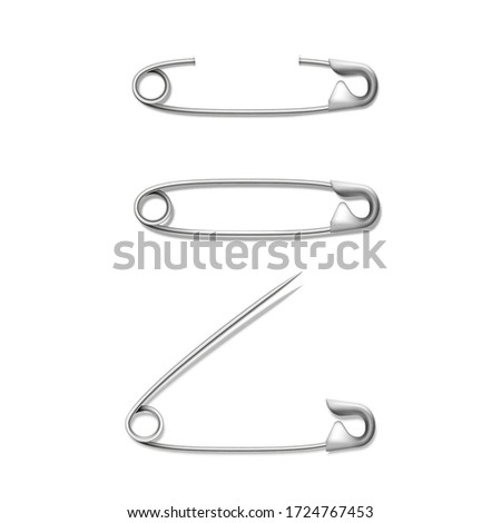 Set of attached to fabric, paper closed, opened silver or stainless steel safety pins. Metal sewing tool for fasten pieces of clothing together. Vector realistic safety pins illustration. 