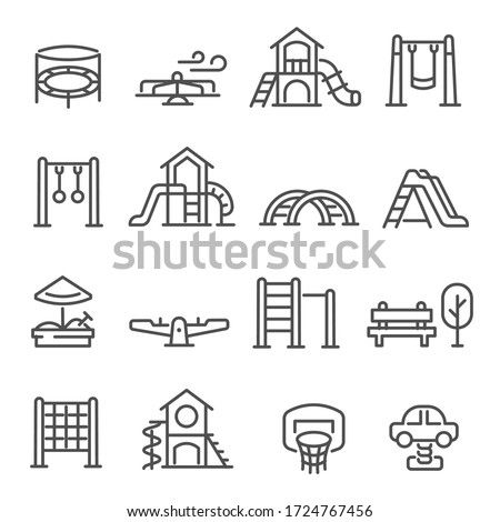 Set of playground equipment thin line icons isolated on white. Playpit, kindergarden outline pictogram collection, logos. Kid`s swing, slide, sandbox, climber vector elements for infographic, web.