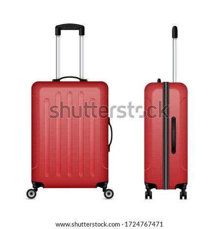 Red detailed rolling suitcase, roller aboard, cabin luggage. Trolley case, flight bag on wheels for business trip, summer vacation, travel. Front, side view. Vector  realistic suitcase set.