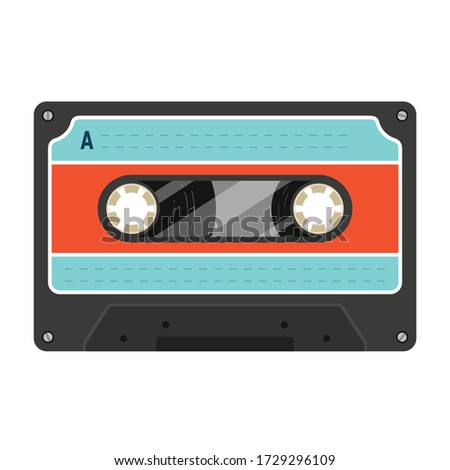 Old styled plastic compact or audio cassette with two miniature spools and magnetic tape for recorder, player. Black retro musicassette with blue and red label. Vector audio cassette icon on white.