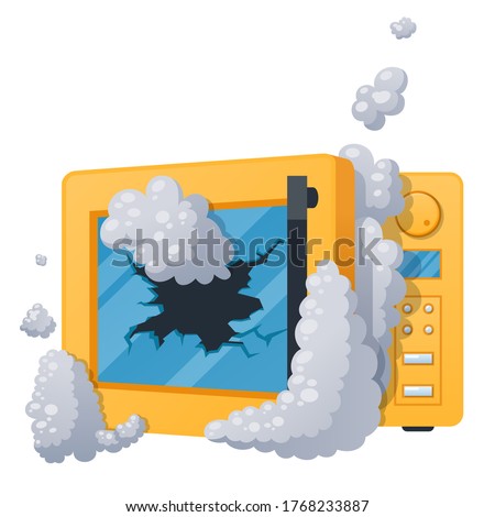 Microwave spoiled with broken glass flat illustration. Electric oven burnt. Kitchen device melted. Household, domestic appliance got out of order. Vector illustration isolated on white background.