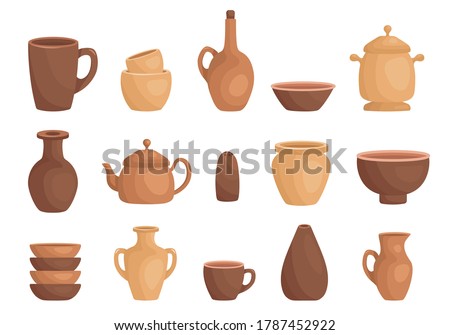 Clay kitchenware assortment set. Cup, mug, vessel, jug, plate, pot, vase, kettle, pepper or salt shaker. Ceramic utensil, crockery, cookware, dishes. Vector clay dishes isolated on white.