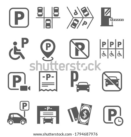 Parking area, fine, fee, forbidden sign line and bold icons set isolated on white. Auto barrier, garage, wheelchair pictograms collection. Car park, payment vector elements for infographic, web.