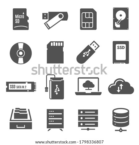 Data storage bold black silhouette icons set isolated on white. Cloudy technology, hdd, memory stick, storage card pictograms collection. Computer server, dvd-rom vector elements for infographic, web.