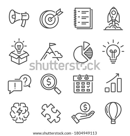 Startup, rocket take off linear icons set isolated on white. Growth, development, brainstorming pictograms collection, logos. Achieving goal, hitting target vector elements for infographic, web.