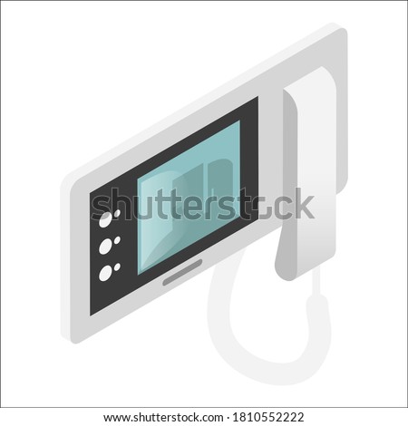 Intercom, video door-phone entry. System used to manage calls made at entrance to building, enabling person indoors to identify visitors. Vector isometric Intercom isolated on white background.