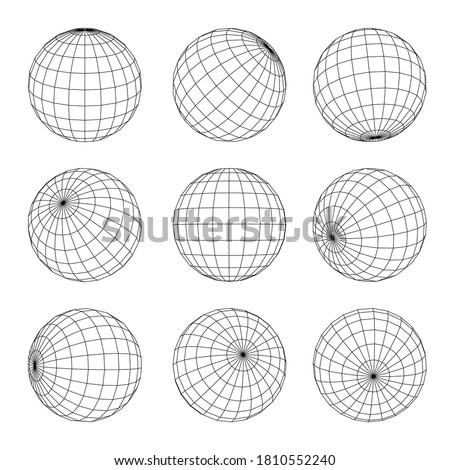 Globe Grid set. Planet Earth orb wireframe in nine position. Geographical longitude, latitude, equator, cartography. Sphere rotation. Vector globe grid illustration isolated on white background.