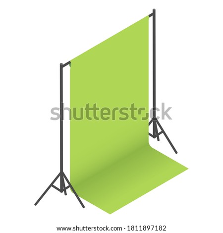 Green screen backdrop, background on racks in photo studio. Chroma key compositing or chromakey post-production processing. Video equipment. Vector isometric illustration isolated on white.