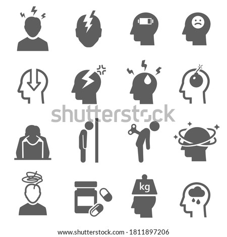 Stress, depression bold black silhouette icons set isolated on white. Nervous breakdown, heaviness, neurasthenia pictograms collection. Frustration. headache vector elements for infographic, web.