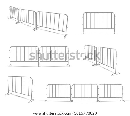 Barriers work zone, pedestrian, construction realistic set. Metal lattice fence protecting road traffic, people. Portable equipment, barricade. Vector barriers isolated on white background. Photo stock © 