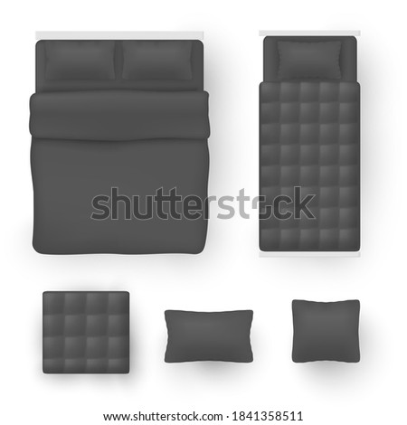 Bedding for double size and single beds black blank mock ups realistic set. Bedroom accessories. Comforter, pillow, blanket, cushion template. Vector bedclothes, bedlinen collection isolated on white.