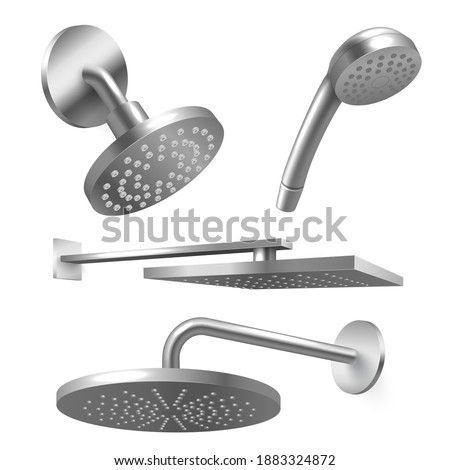 Shower metal heads, showerhead, rain massage bath equipment. Bathing and showering care tool. Vector realistic style illustration