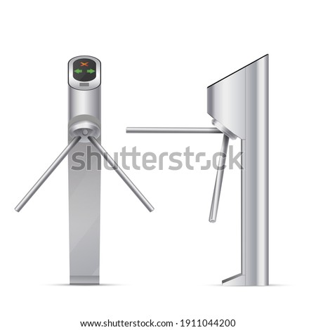 Turnstile, turnpike, baffle or automated metal gate realistic style. Security equipment at entrance. Checkpoint for company visitors. Faregate, paid admission. Vector illustration isolated on white.