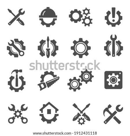 Repair, maintenance bold black silhouette icons set isolated on white. Renovations, home improvements pictograms, logo. Gears, hammer, hardhat, screwdriver, wrench vector element for infographic, web. Photo stock © 