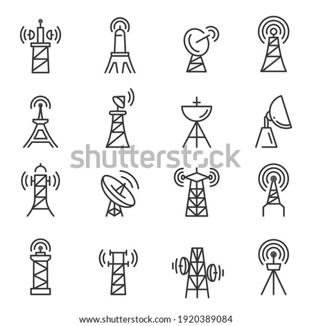 Radio towers, masts thin line icons set isolated on white. Satellite antenna, dish outline pictograms collection. Telecommunications, broadcasting structures vector elements for infographic, web.