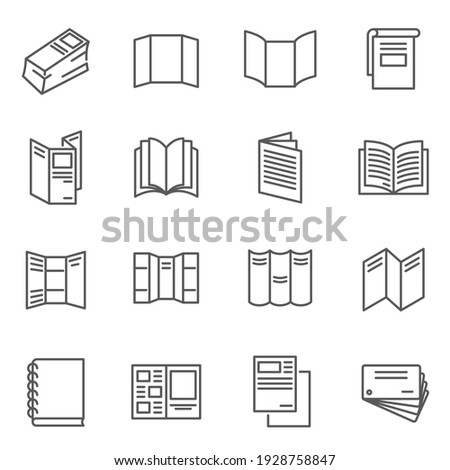 Booklet, blank, brochure thin line icons set isolated on white. Leaflet folded, layout, flyer outline pictograms collection. Visiting calling card, book, copybook vector elements for infographic, web.