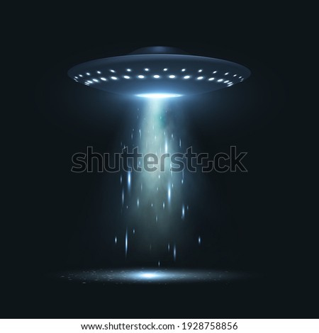 UFO with blue glowing illumination in realistic style. Unidentified flying object, saucer emitting neon light beams in dark space. Vector science fiction cosmic illustration on black.