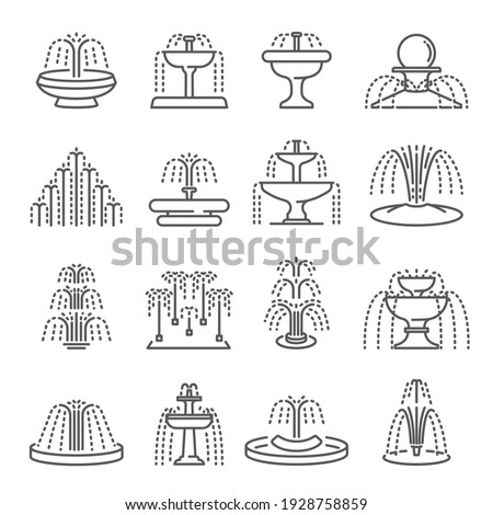 Fountain types thin line icons set isolated on white. Architecture pouring water outline pictograms collection. Waterfall, tiered, classic, cascading, splash, dancing equipment vector element for web.
